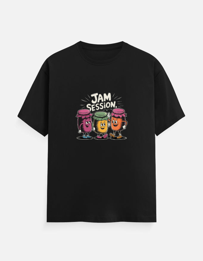 A black short-sleeve crewneck t-shirt featuring a colorful graphic on the chest with three cartoon jars and the text 'JAM SESSION'.