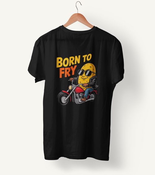 Black Born to Fry unisex T-shirt hanging on a wooden hanger
