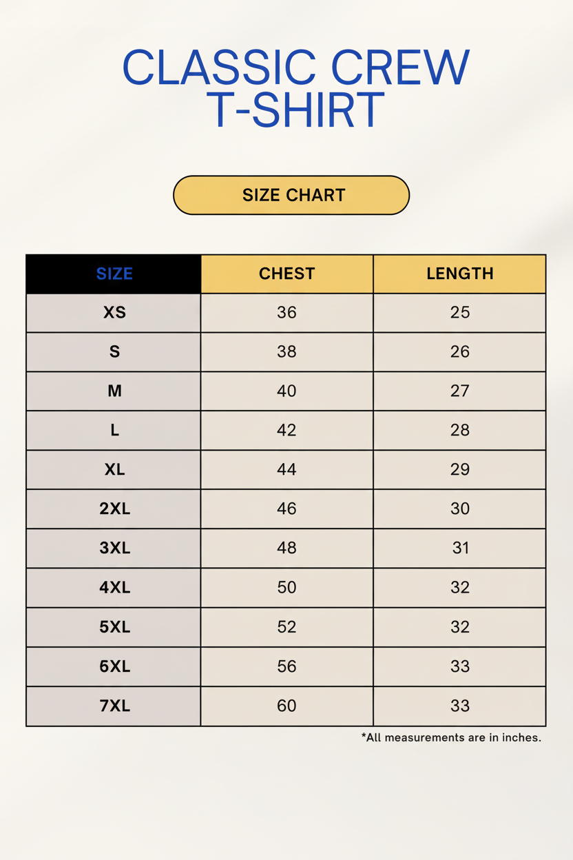 Classic crew t-shirt size chart in Funtastees brand colours