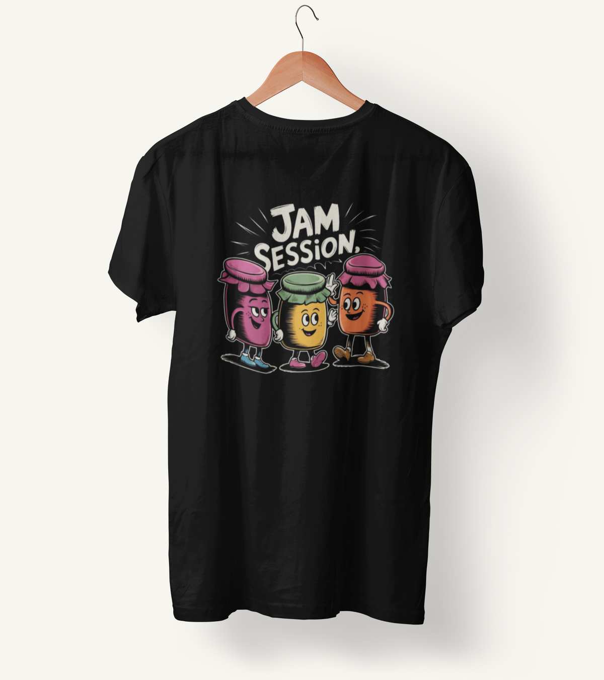 A black short-sleeve t-shirt hanging on a wooden hanger against a light off-white background. The front of the shirt features a colorful graphic of three cartoon jars with faces and the text 'JAM SESSION' above them.